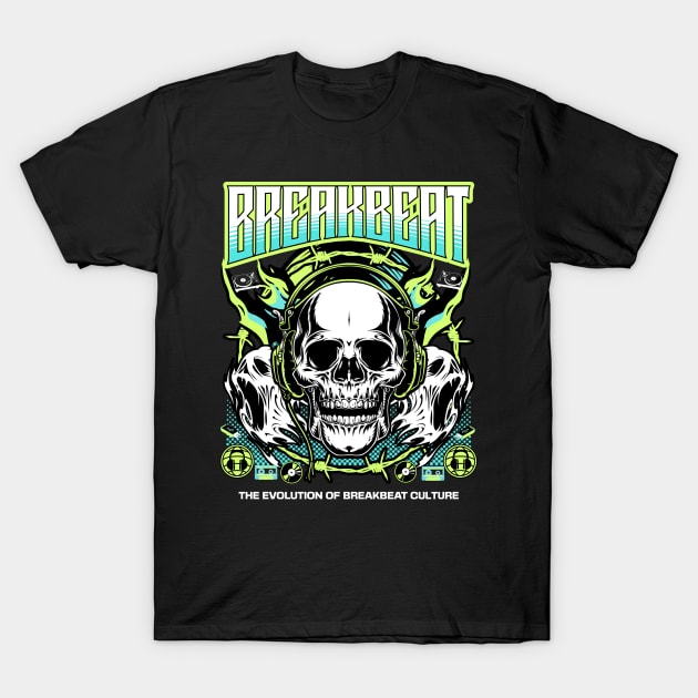 BREAKBEAT  - The Evoultion Skull (lime/teal) T-Shirt by DISCOTHREADZ 